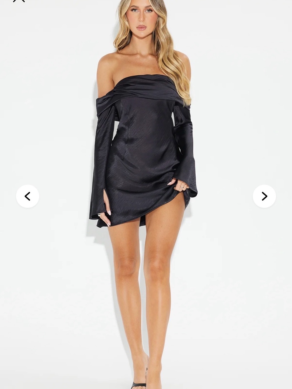 Fashion Nova Off-Shoulder Black Satin Mini Dress